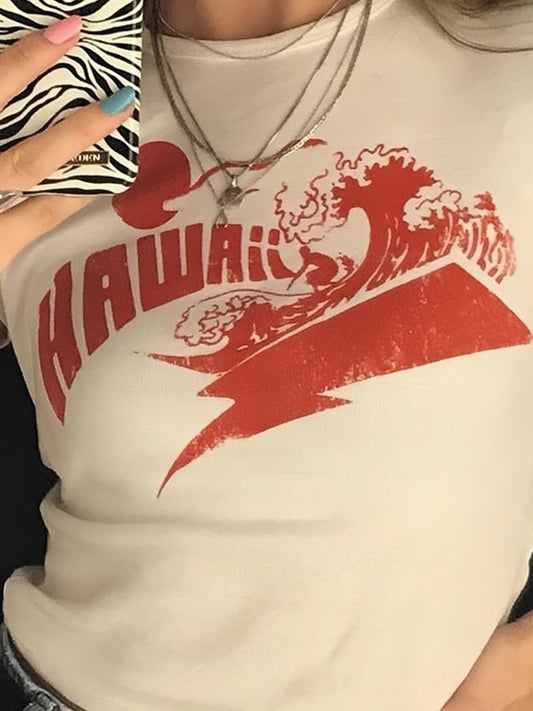 White Printed Crop Top T-shirt With Hawaii Scene