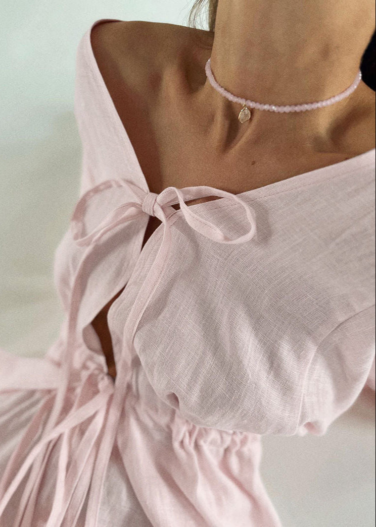Rose Drift - Linen Two-piece Set With Bell Sleeves
