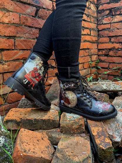 En Bloom | Fairy Tale Princess Lace-up Ankle Flat Combat Boots - Black