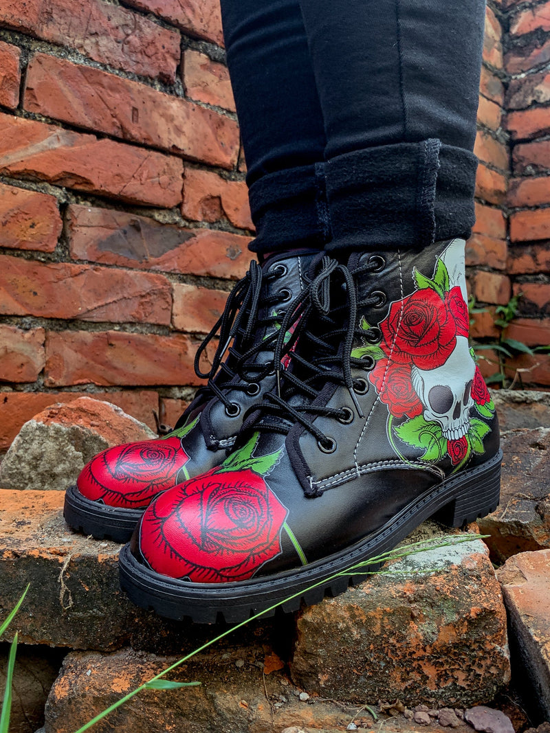 En Bloom | Skull-rose Black Ankle Flat Combat Boots
