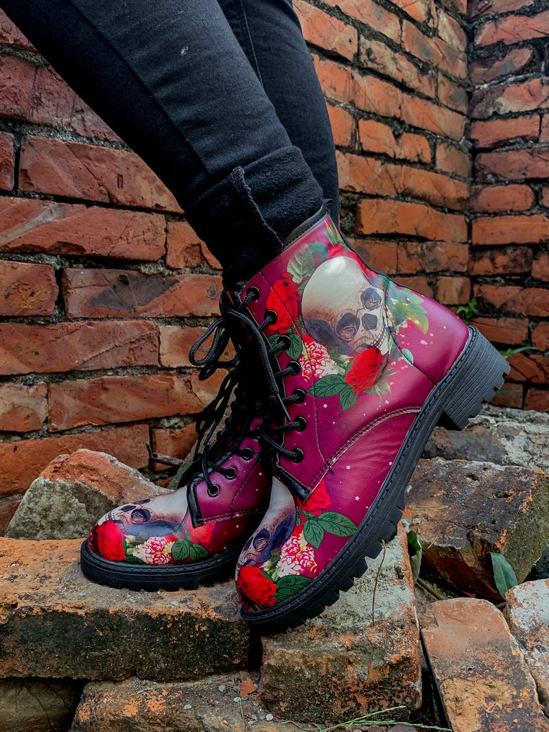 En Bloom | Skull-rose Red Ankle Flat Combat Boots