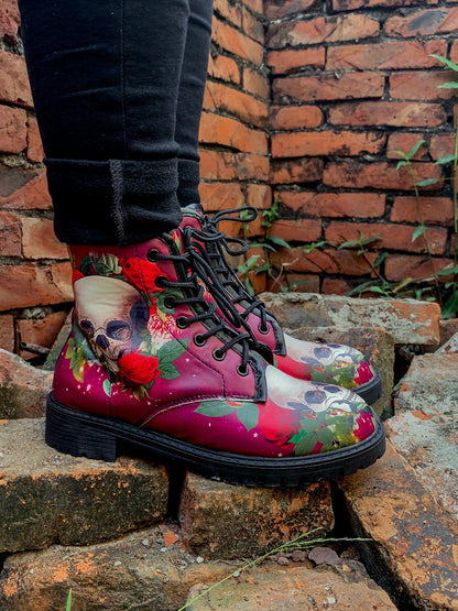 En Bloom | Skull-rose Red Ankle Flat Combat Boots