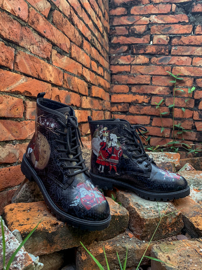 En Bloom | Fairy Tale Princess Lace-up Ankle Flat Combat Boots - Black