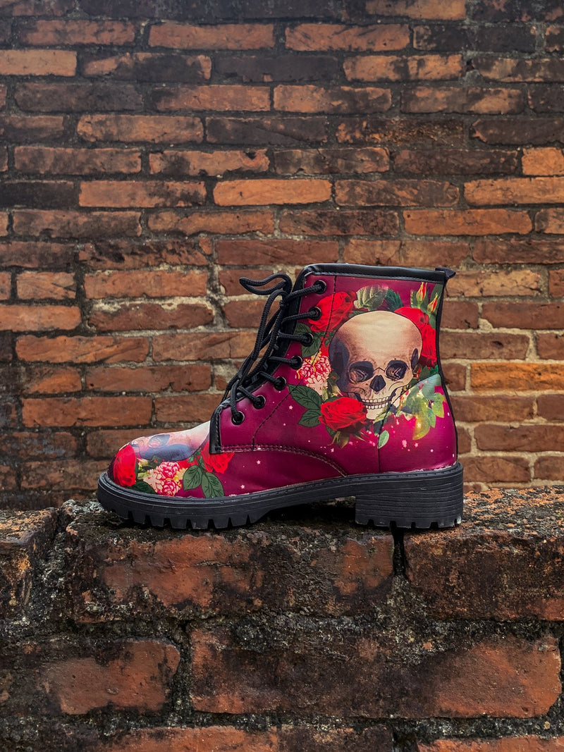 En Bloom | Skull-rose Red Ankle Flat Combat Boots