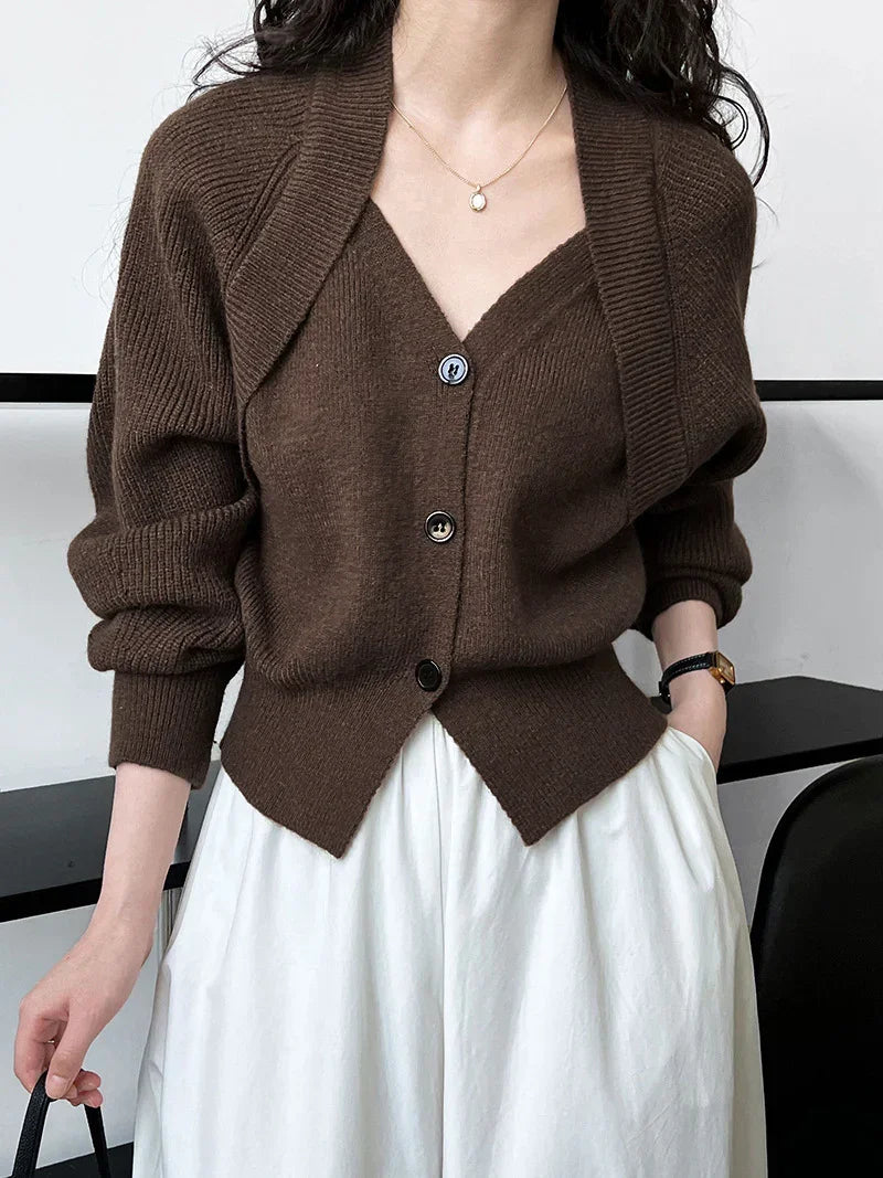 Single Breasted Patchwork V-neck Button Sweater