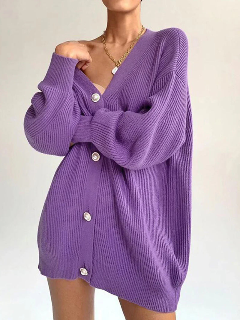 Color Long-sleeved Pearl Oversized Cardigan