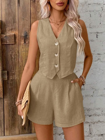 Linen Single-breasted Button Vest and Shorts Set