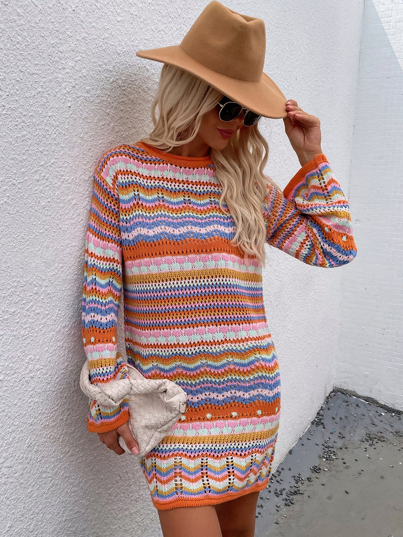| Zig Zag Crochet Knit Dress - Orange