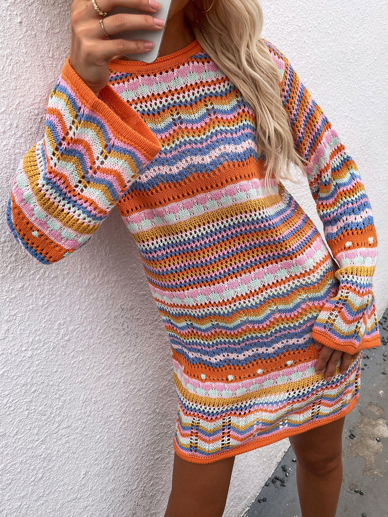 | Zig Zag Crochet Knit Dress - Orange