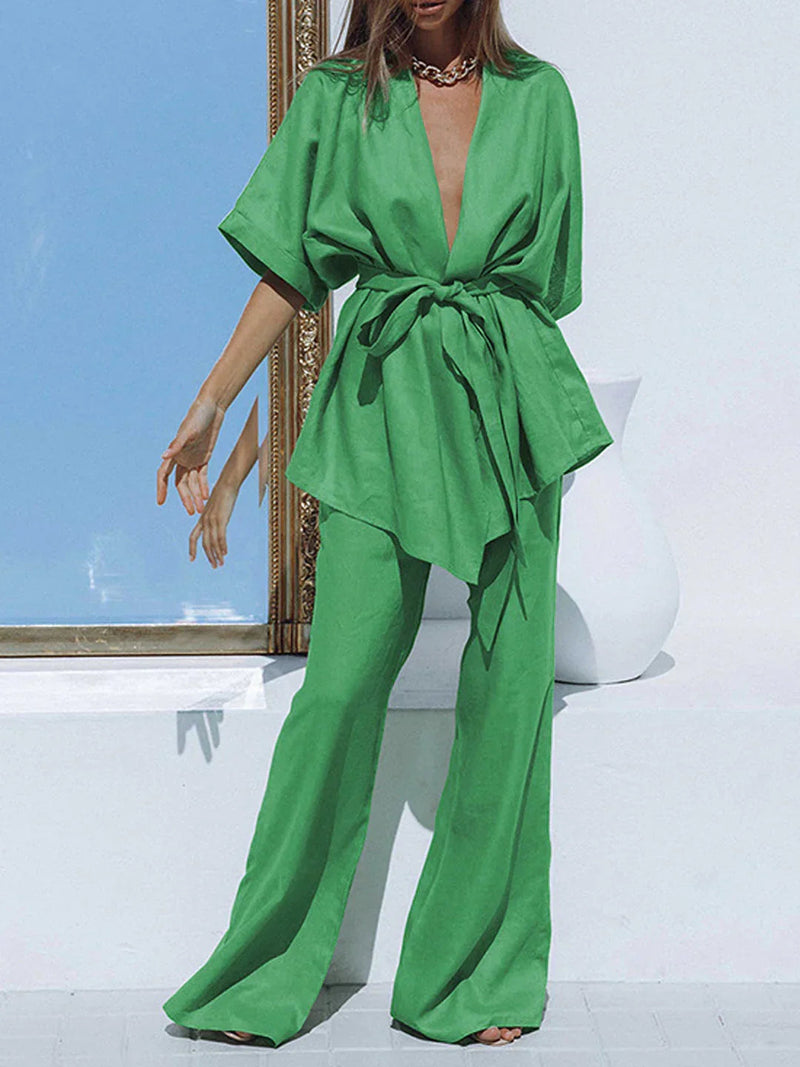 Belt Design Oversized Linen Tied Two Piece Pants Set