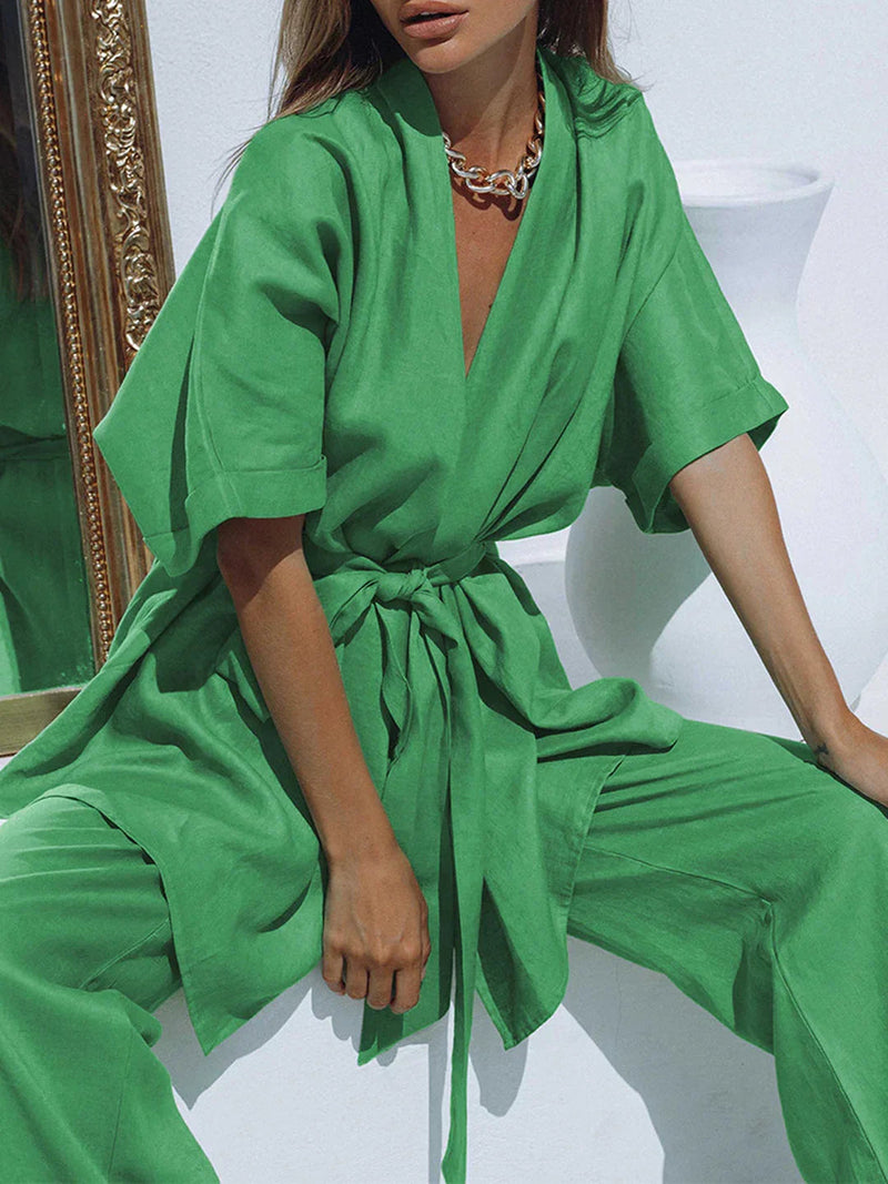 Belt Design Oversized Linen Tied Two Piece Pants Set