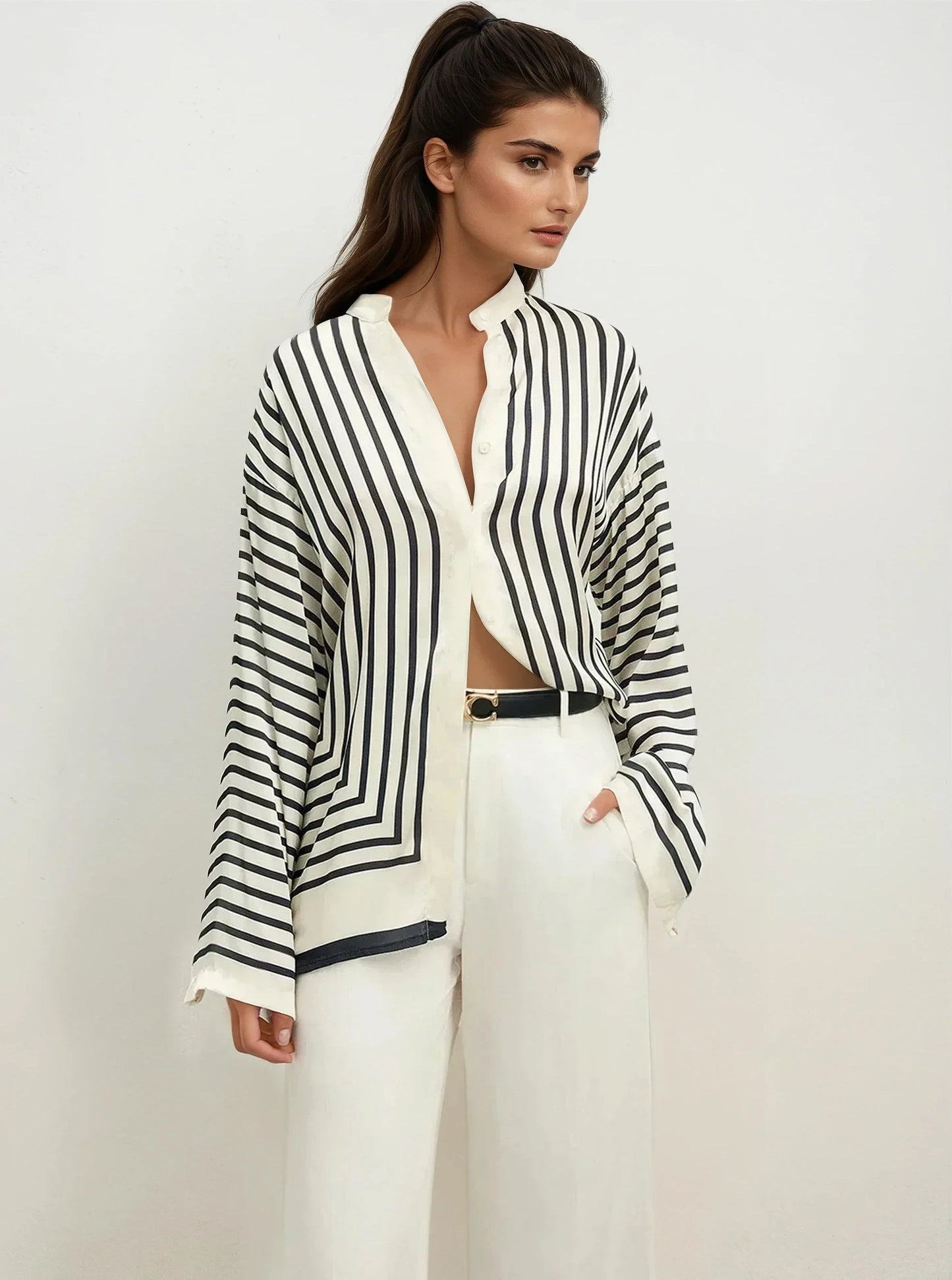 Round Neck Striped Oversized Button-up Blouse