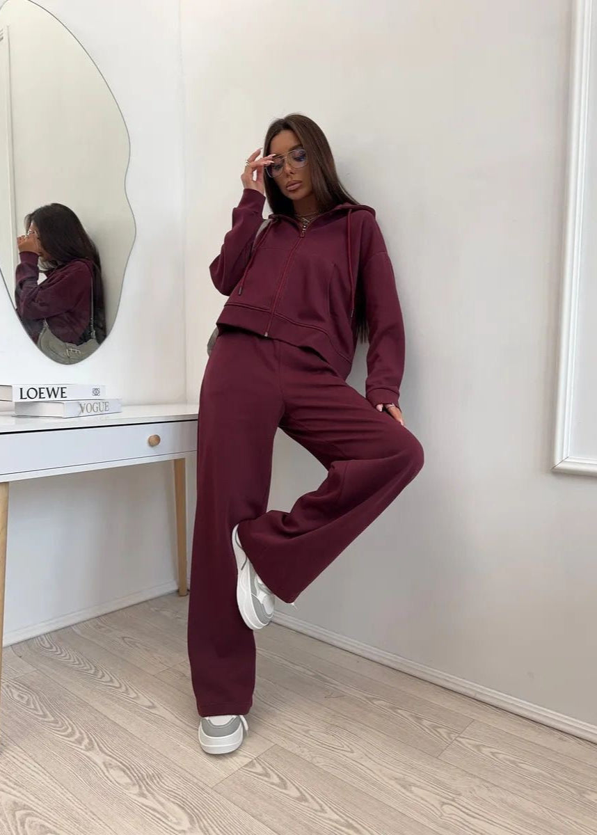 Merlot Relaxed Fit Hoodie and Wide-leg Pants Set – ’s Loungewear Two-piece