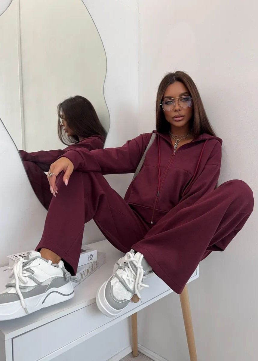 Merlot Relaxed Fit Hoodie and Wide-leg Pants Set – ’s Loungewear Two-piece