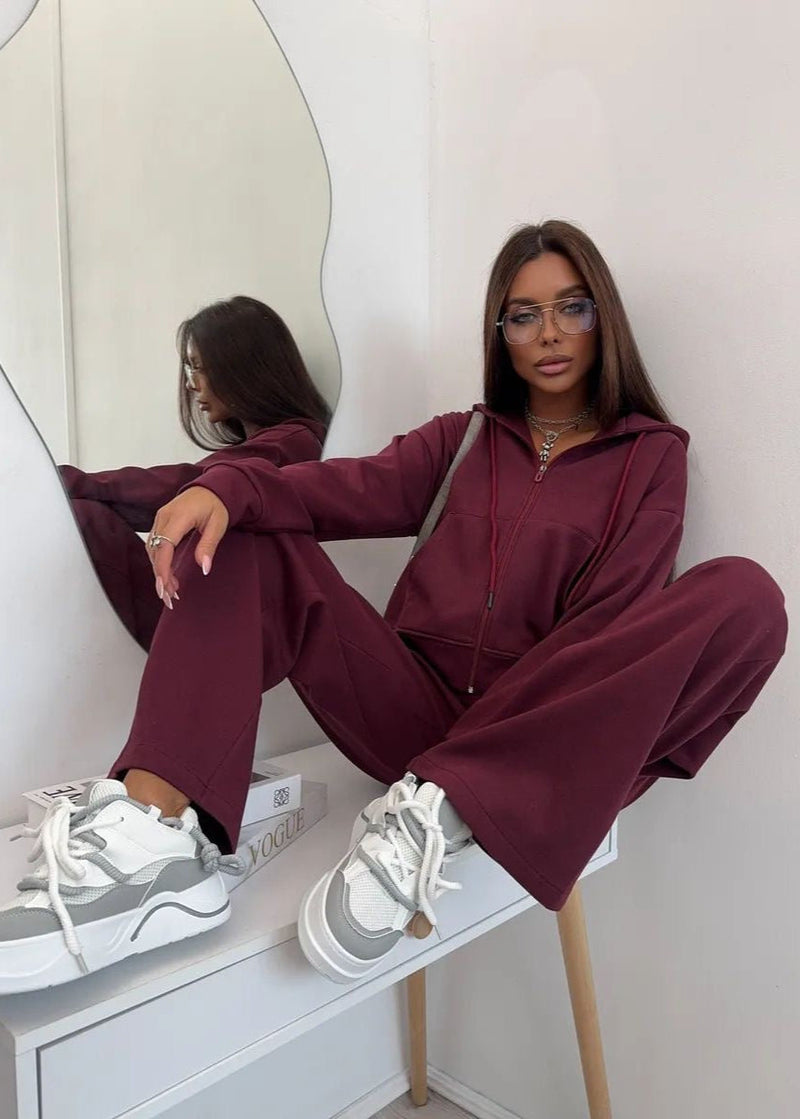 Merlot Relaxed Fit Hoodie and Wide-leg Pants Set – ’s Loungewear Two-piece