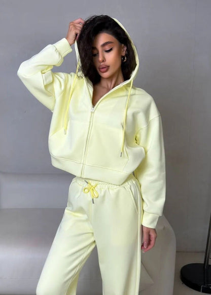 Lemon Cream Zip Hoodie & Wide-leg Pants Set – Cozy Loungewear for