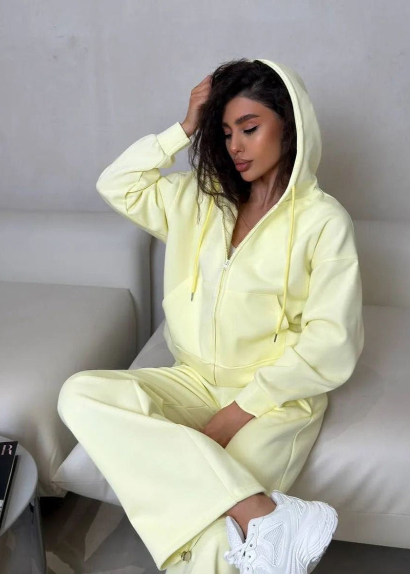 Lemon Cream Zip Hoodie & Wide-leg Pants Set – Cozy Loungewear for