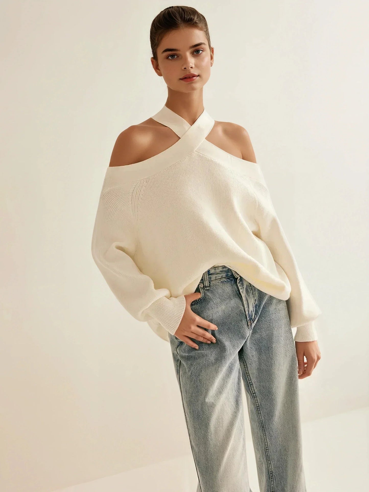Off-shoulder Crisscross Knit Sweater Top