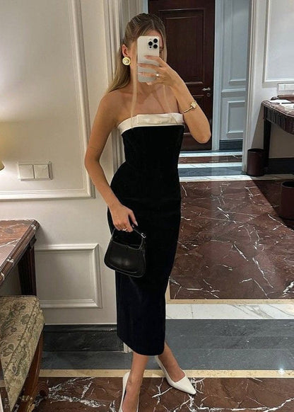 Strapless Black and White Maxi Dress – Evening Cocktail Gown