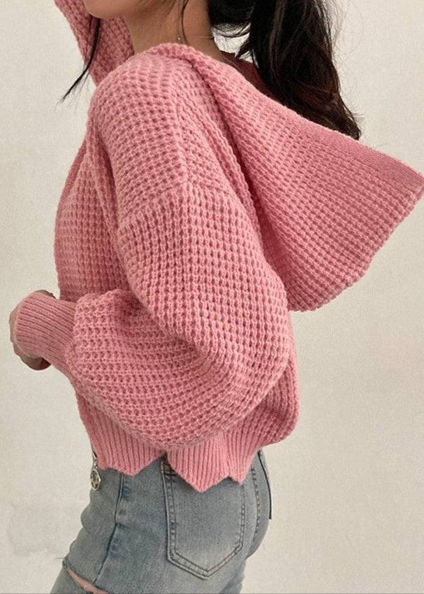 Pink Waffle-knit Hooded Zip Cardigan – ’s Cropped Sweater