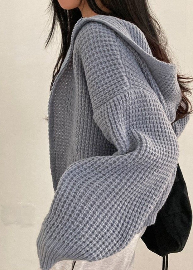 Pink Waffle-knit Hooded Zip Cardigan – ’s Cropped Sweater