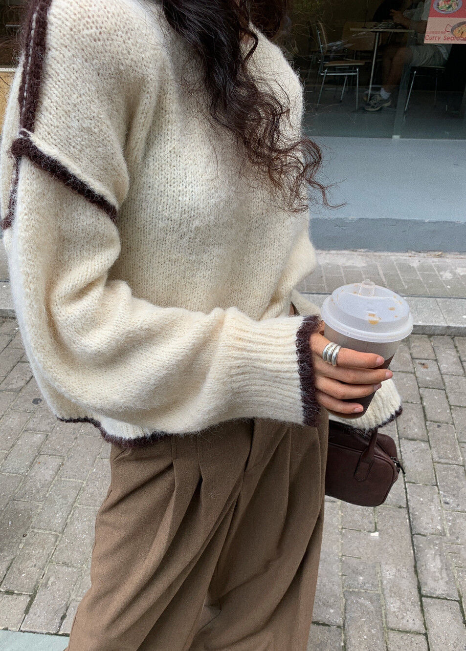 Gray Fuzzy Contrast-trim Sweater – ’s Loose Crewneck Pullover