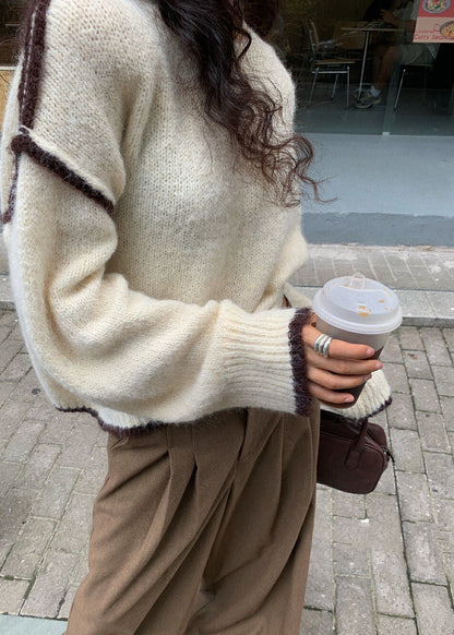 Gray Fuzzy Contrast-trim Sweater – ’s Loose Crewneck Pullover