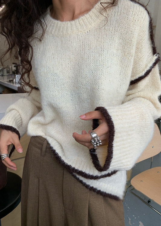 Gray Fuzzy Contrast-trim Sweater – ’s Loose Crewneck Pullover