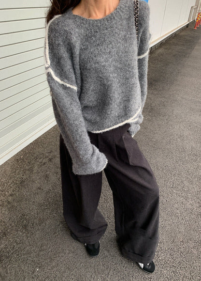 Gray Fuzzy Contrast-trim Sweater – ’s Loose Crewneck Pullover