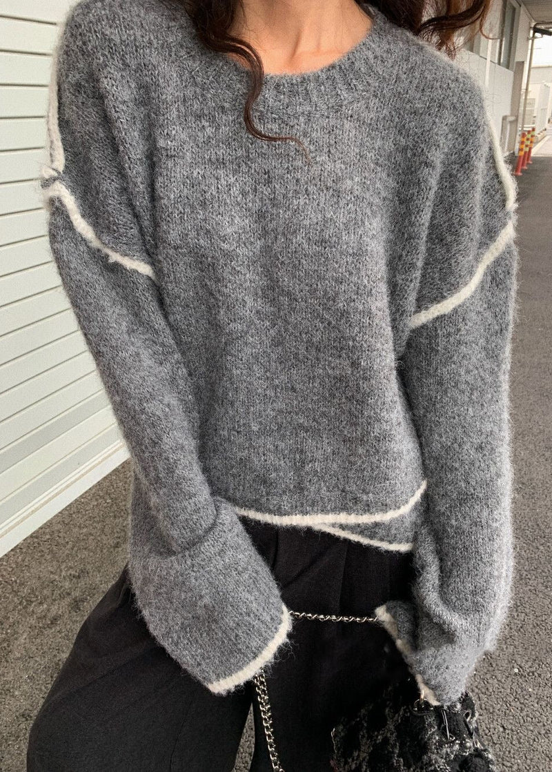 Gray Fuzzy Contrast-trim Sweater – ’s Loose Crewneck Pullover