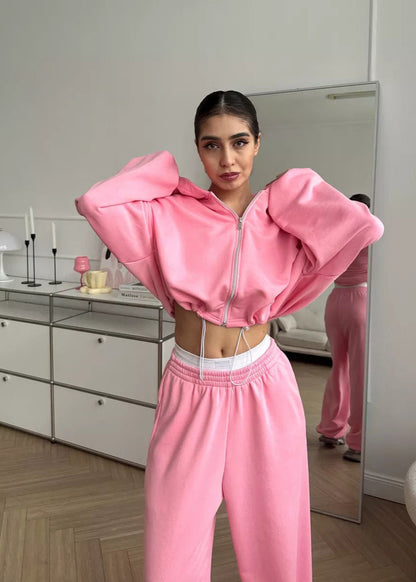 Bubblegum Pink Cropped Zip Hoodie and Wide-leg Pants Set