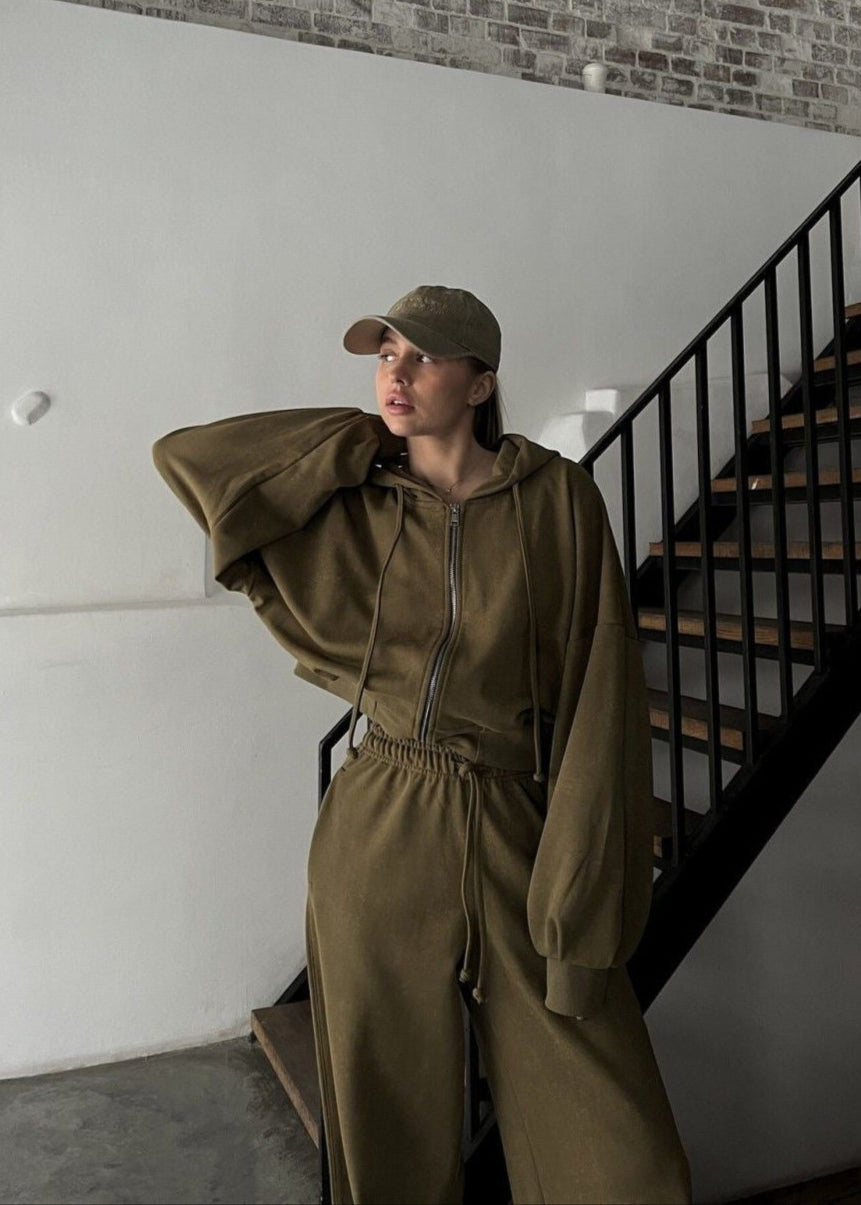 Olive Oversized Hoodie and Wide-leg Pants Two-piece Set