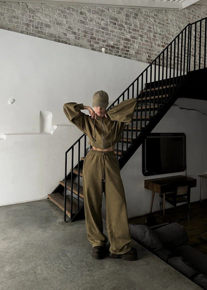 Olive Oversized Hoodie and Wide-leg Pants Two-piece Set