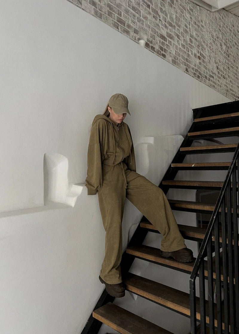 Olive Oversized Hoodie and Wide-leg Pants Two-piece Set