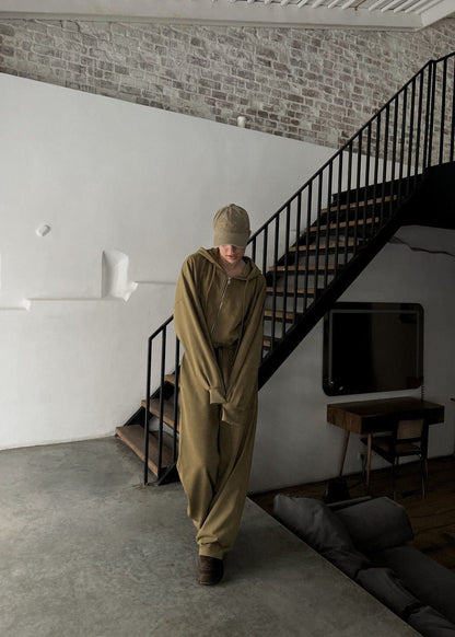 Olive Oversized Hoodie and Wide-leg Pants Two-piece Set