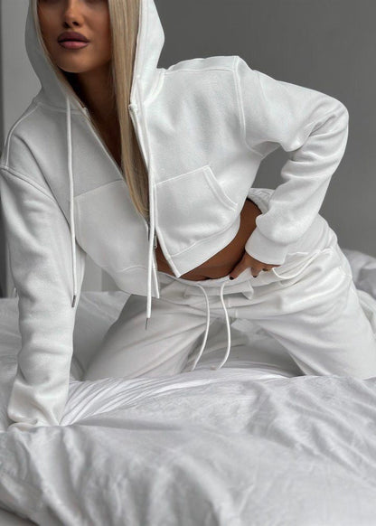 White Cropped Hoodie and Wide-leg Pants Lounge Set