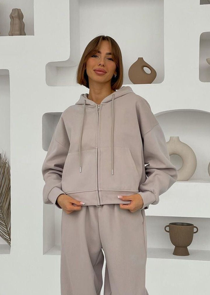 Soft Beige Zip Hoodie and Wide-leg Pants Set – ’s Relaxed Fit Tracksuit