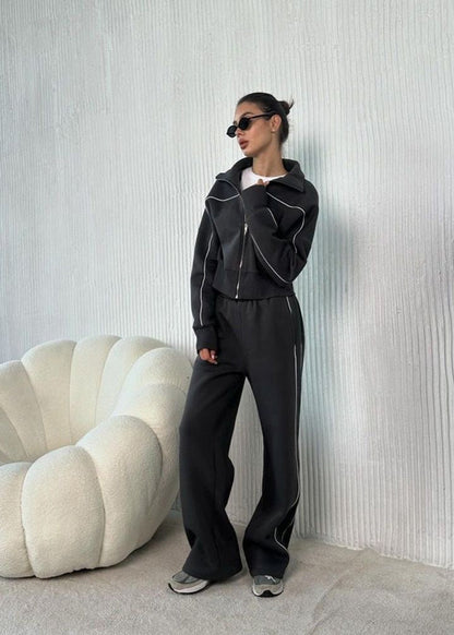 Navy Zip-up Hoodie and Wide-leg Pants Set – ’s Two-piece Outfit