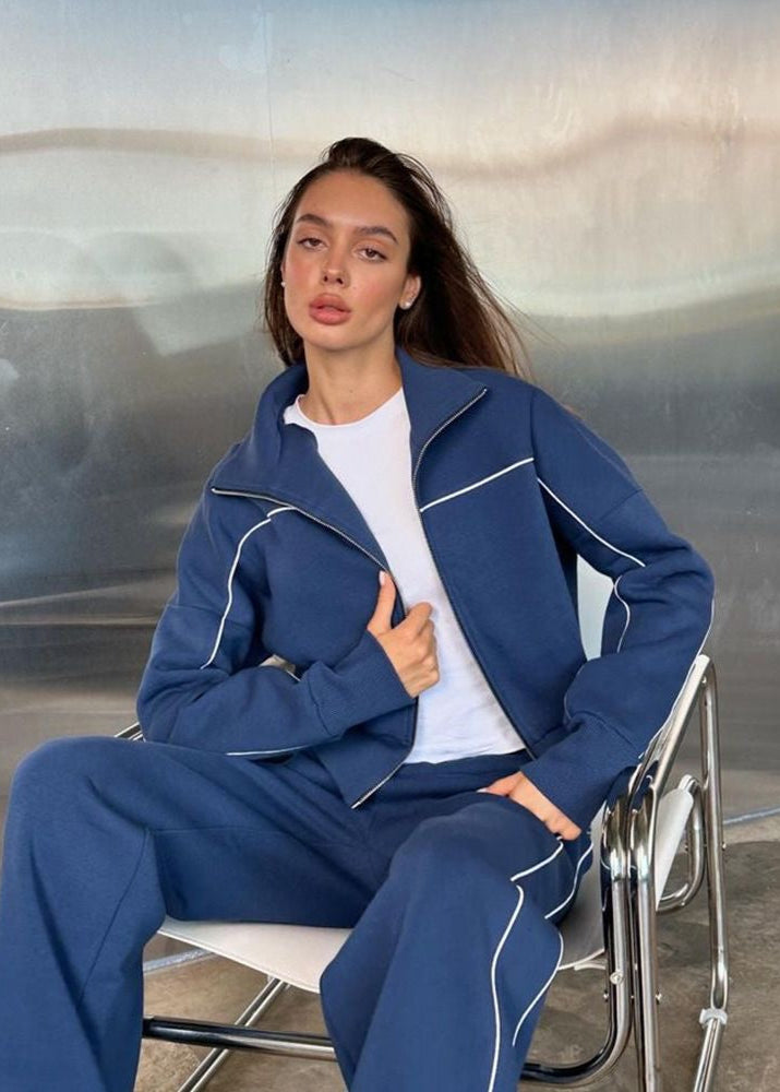 Navy Zip-up Hoodie and Wide-leg Pants Set – ’s Two-piece Outfit