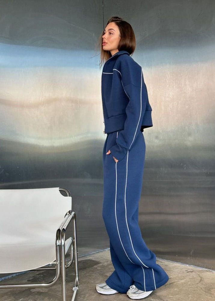 Navy Zip-up Hoodie and Wide-leg Pants Set – ’s Two-piece Outfit