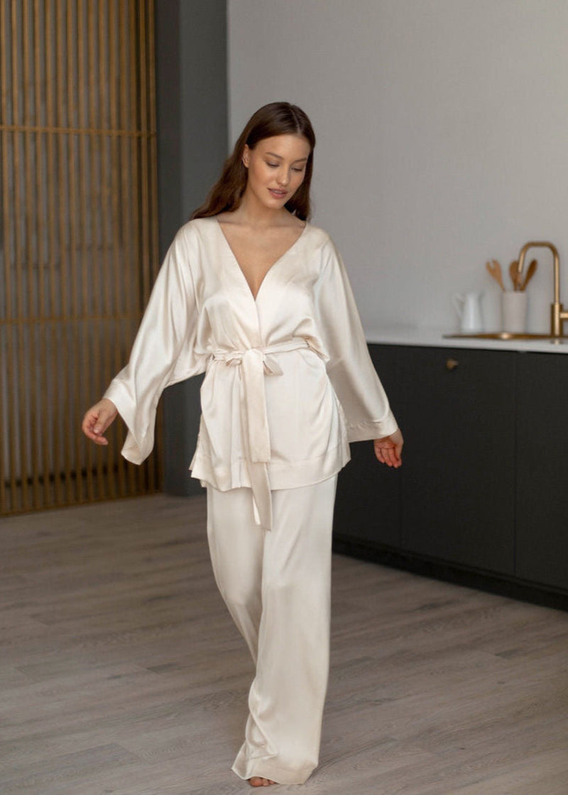 Champagne Satin Wrap Lounge Set – Belted Kimono Top & Wide-leg Pants