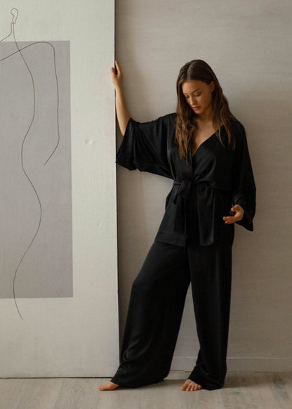 Champagne Satin Wrap Lounge Set – Belted Kimono Top & Wide-leg Pants