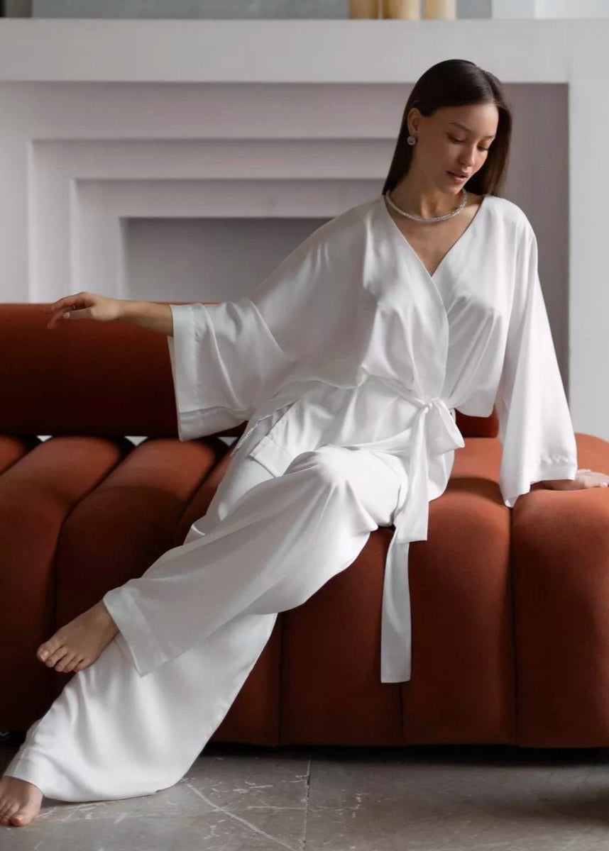 White Kimono Lounge Two-piece Set – Wrap Top & Wide-leg Pants