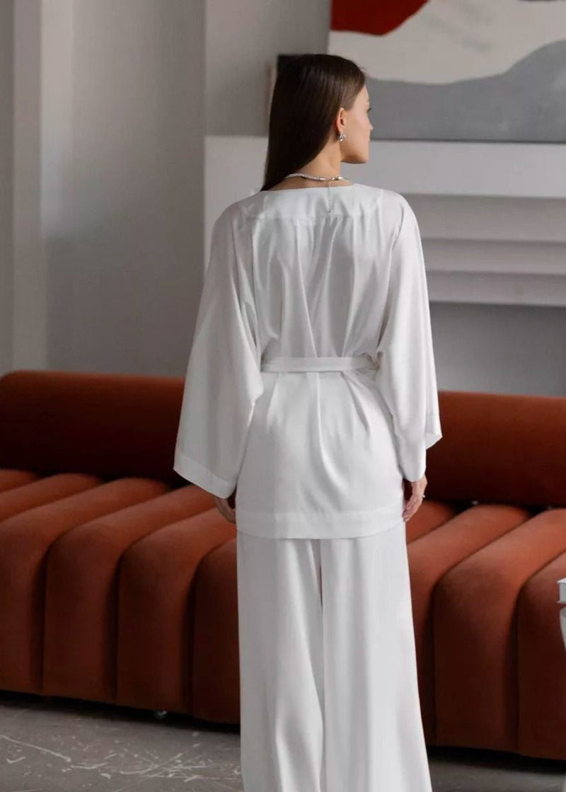 White Kimono Lounge Two-piece Set – Wrap Top & Wide-leg Pants