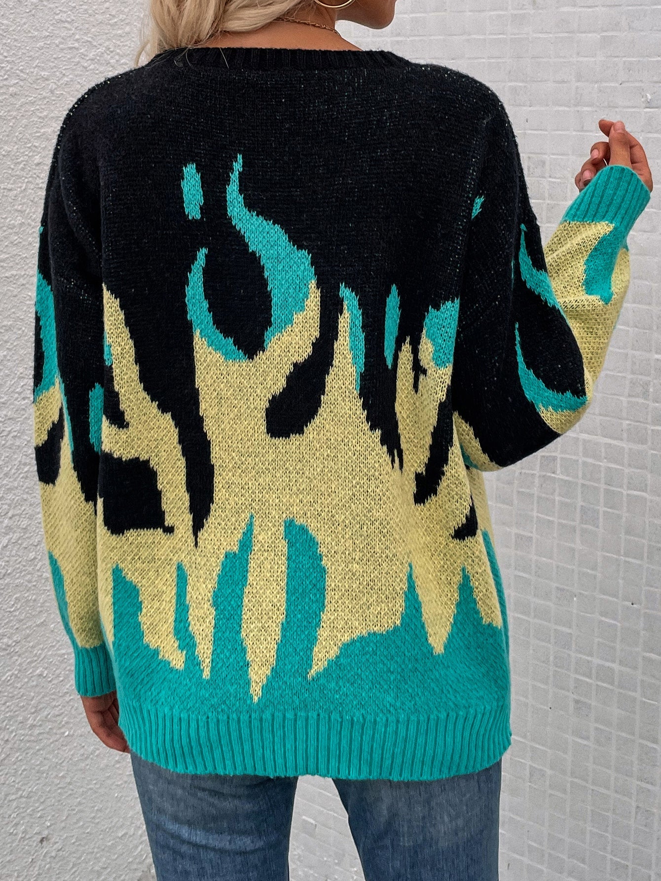 | Green Yellow Flame Black Knit Sweater