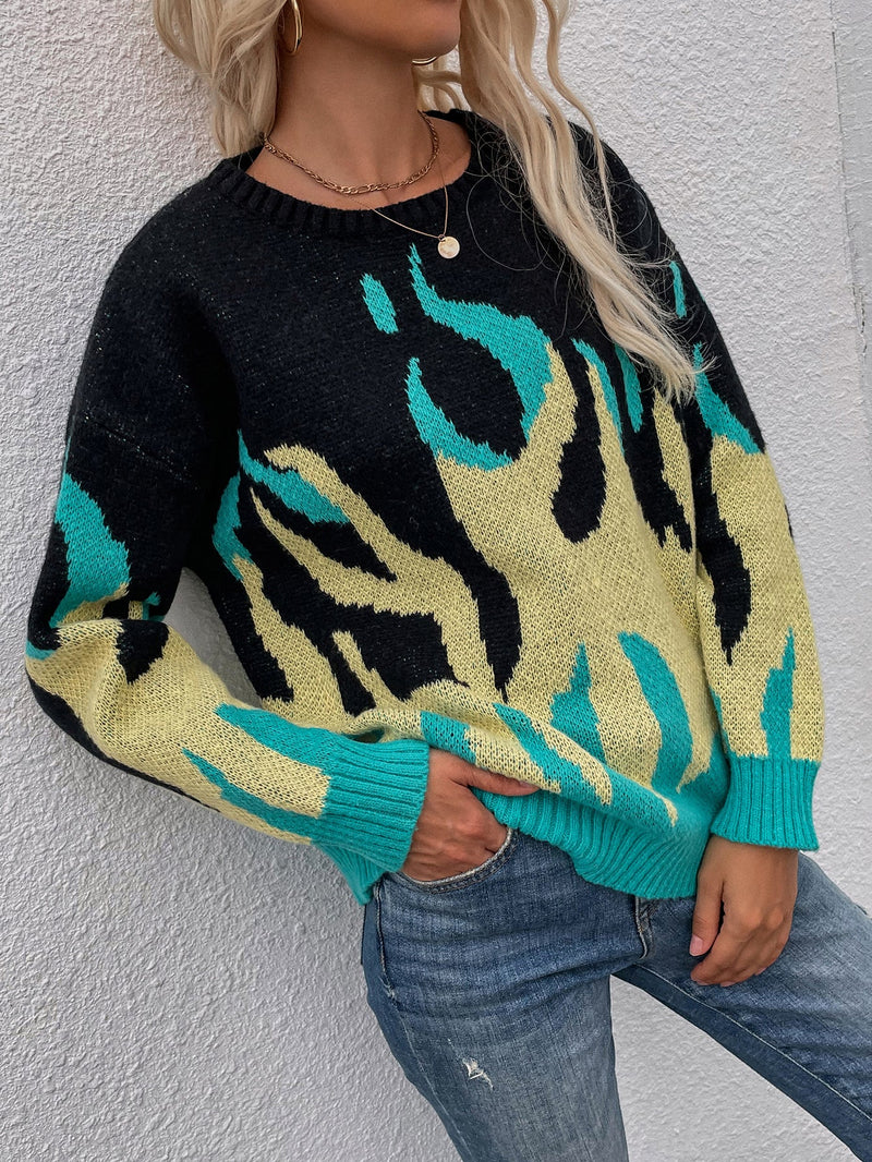 | Green Yellow Flame Black Knit Sweater