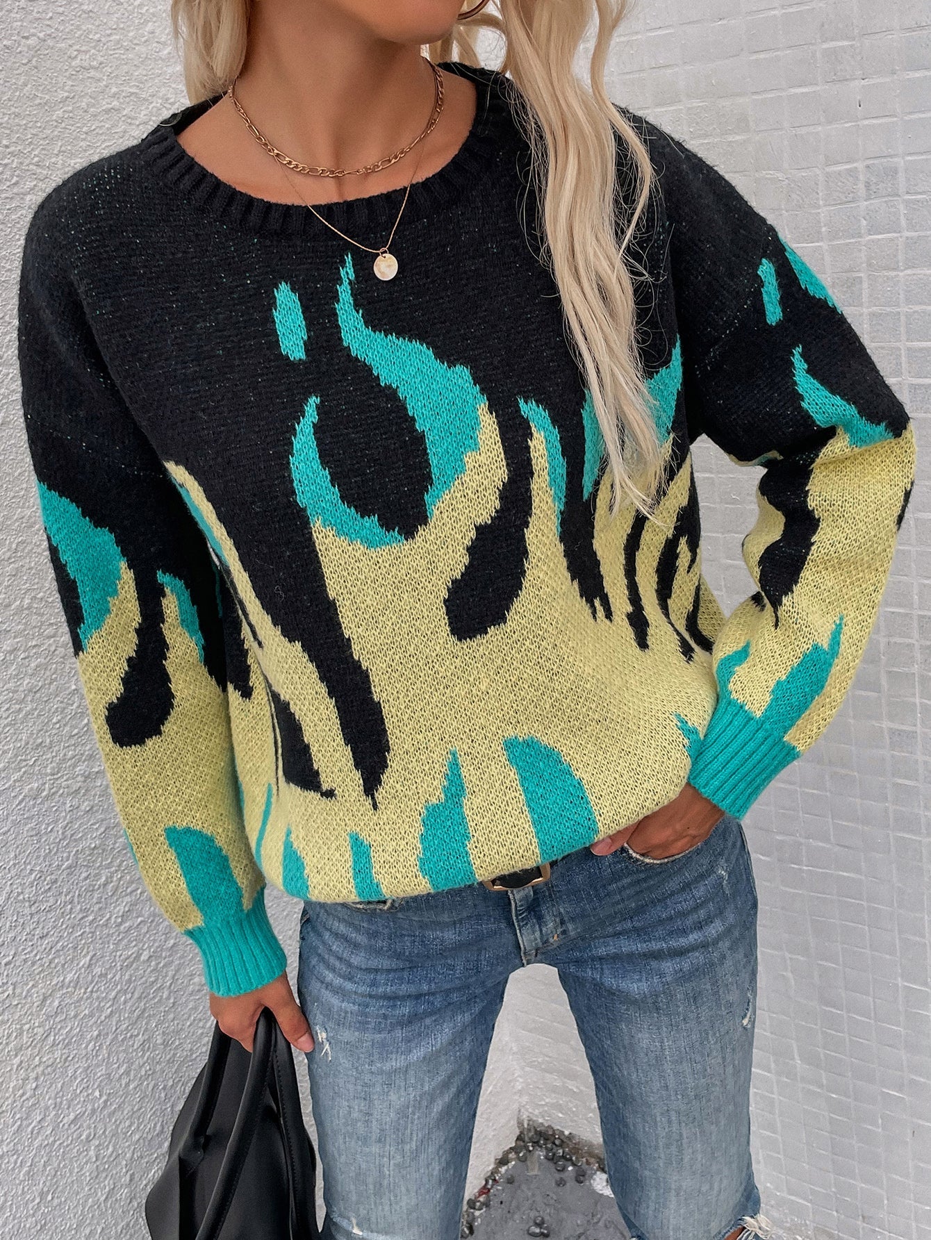 | Green Yellow Flame Black Knit Sweater