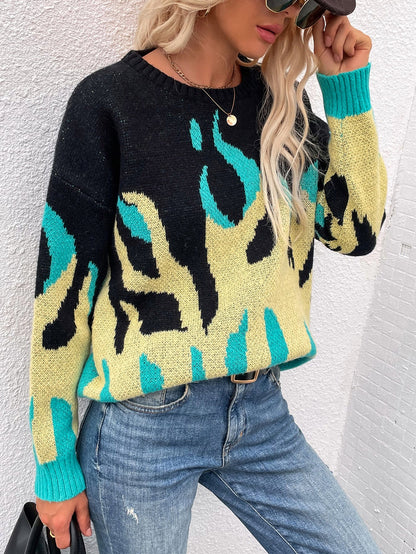 | Green Yellow Flame Black Knit Sweater