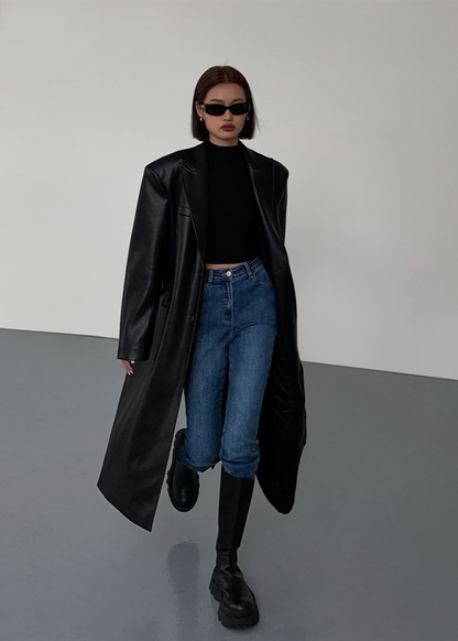Oversized Faux Leather Long Coat – ’s Dark Brown Single-breasted Jacket