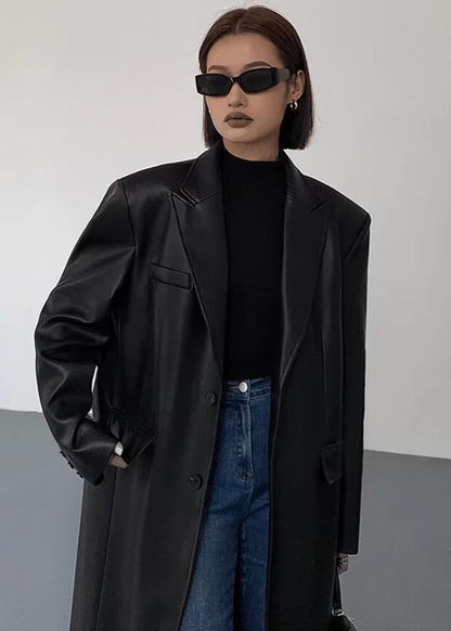 Oversized Faux Leather Long Coat – ’s Dark Brown Single-breasted Jacket